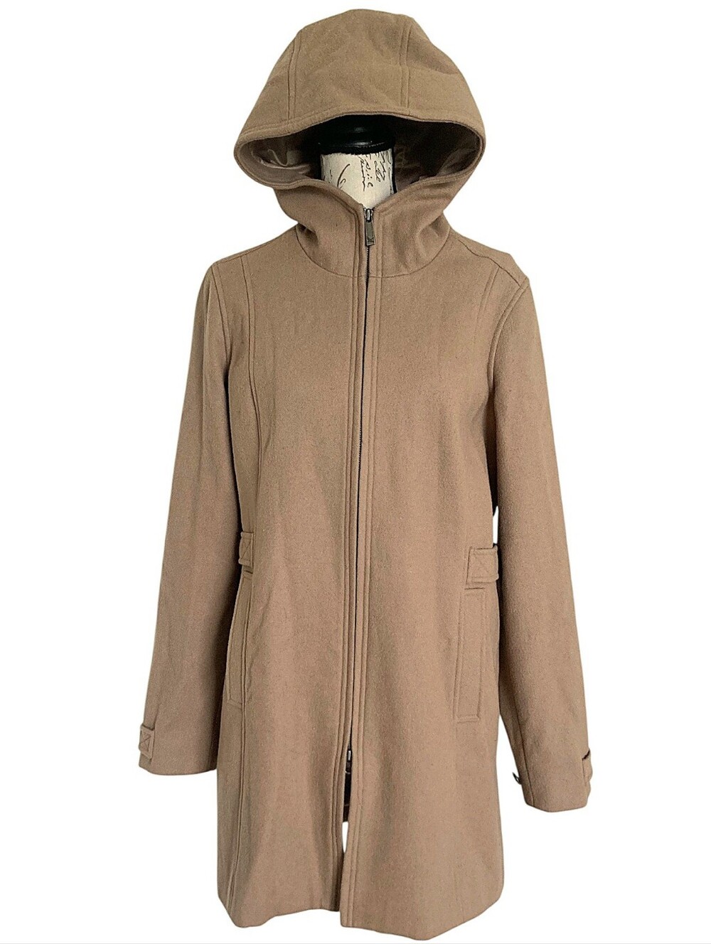 Eddie Bauer Womens Wool Blend Winter Long pea Coat S Hood Camel Full Zip Classic